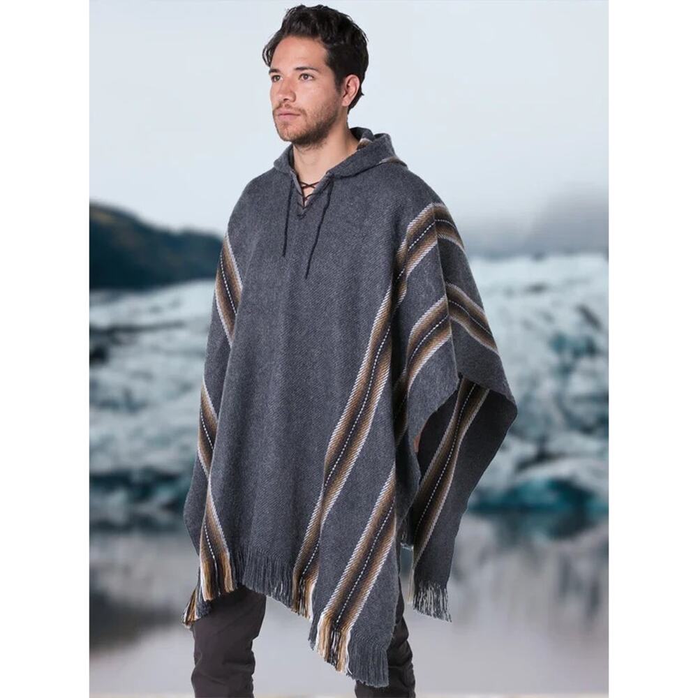 Gamboa Dark Gray Hooded Alpaca Poncho Southwestern Aztec Peru